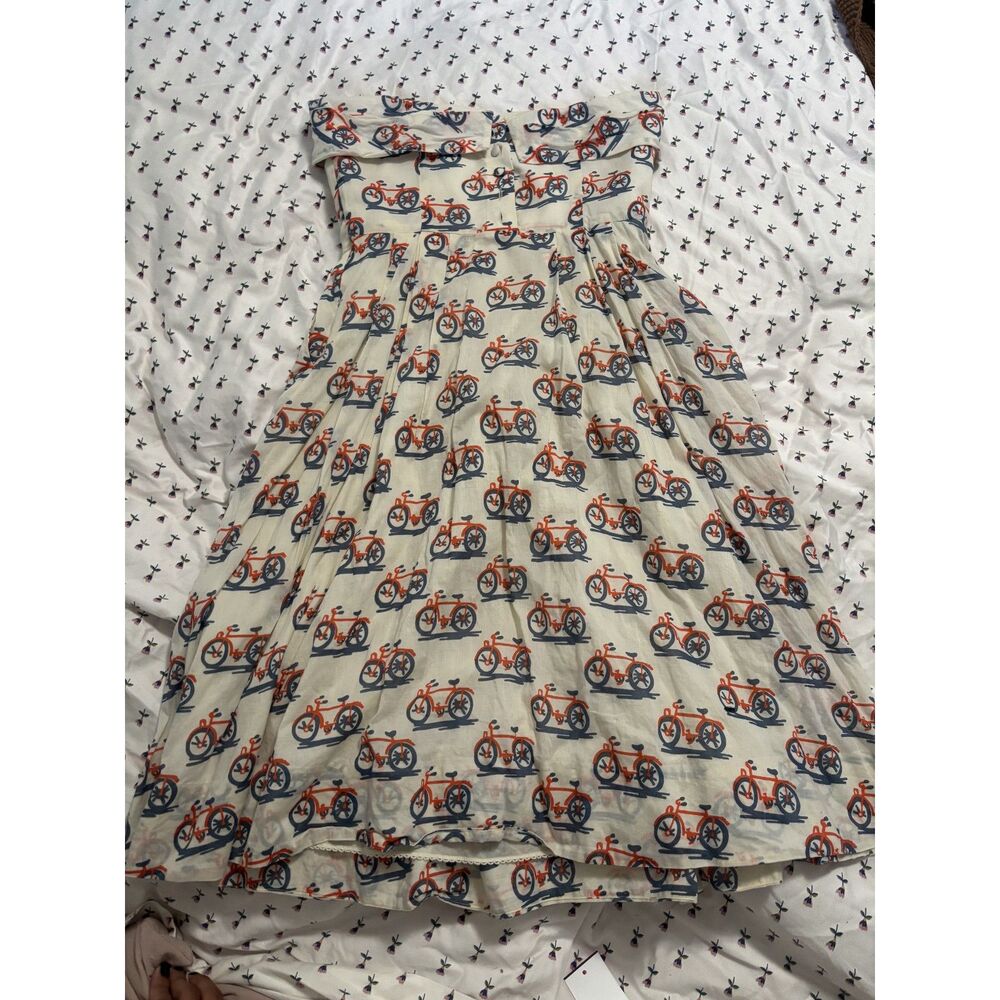 Anthropologie Bicycle Print Strapless Cotton Midi Dress Ivory Orange Blue